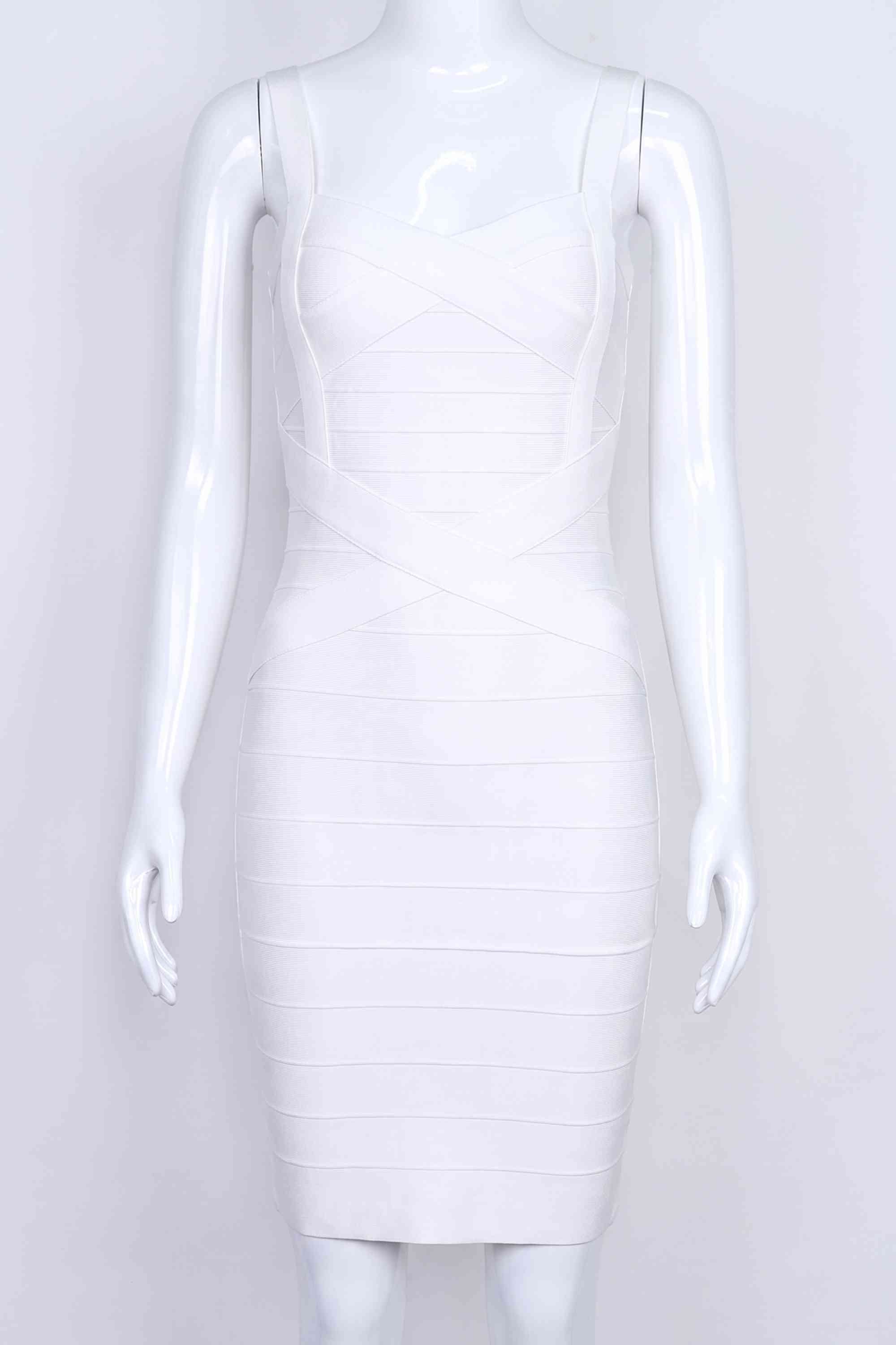 Woman wearing a figure flattering Heidi Bandage Mini Dress - Pearl White Bodycon Collection