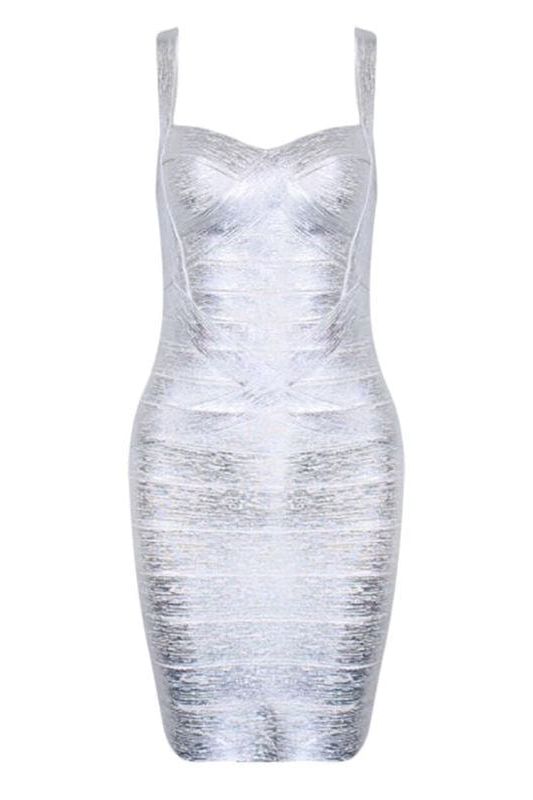 Woman wearing a figure flattering  Heidi Bandage Mini Dress - Silver Bodycon Collection