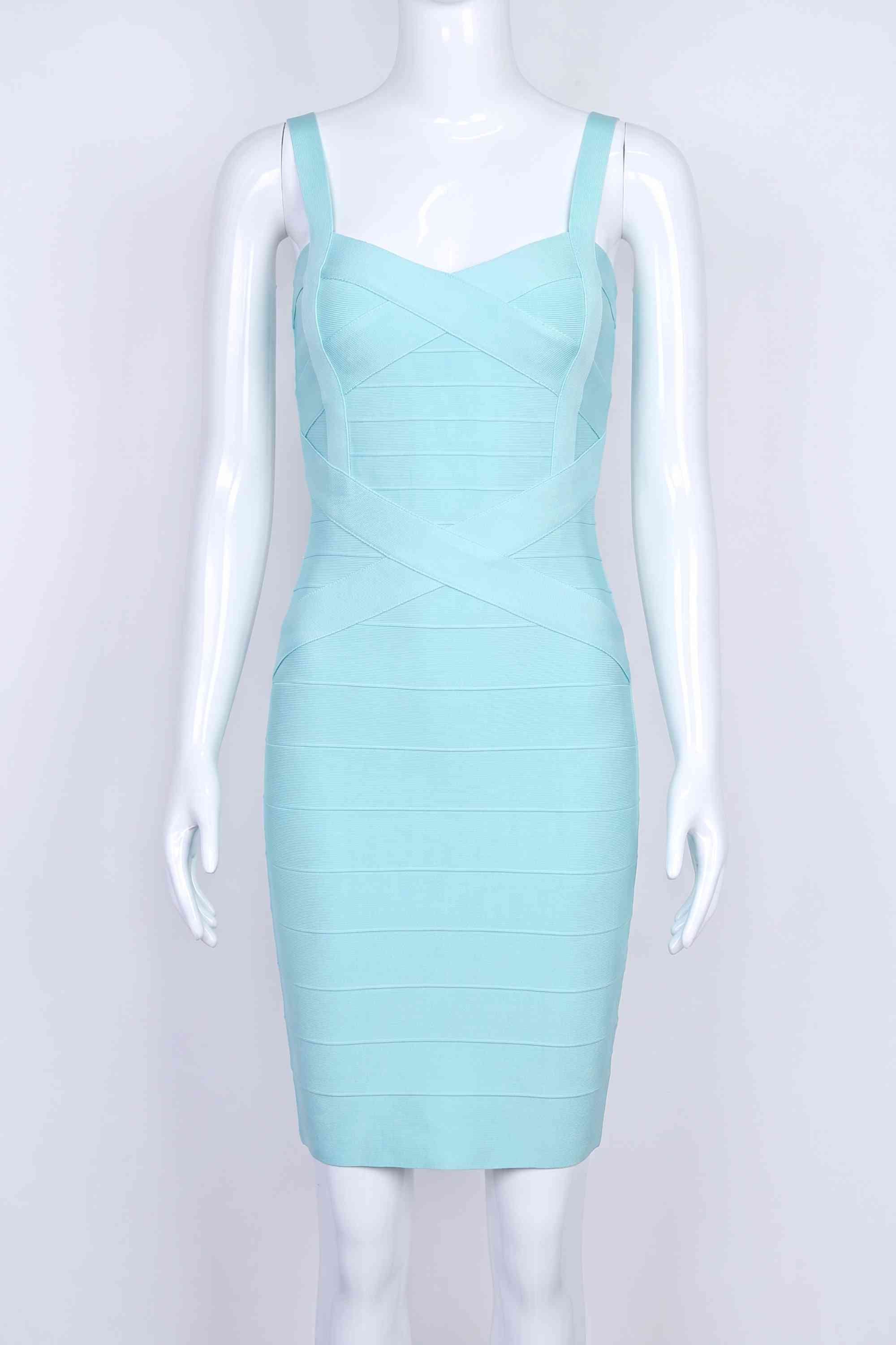 Woman wearing a figure flattering Heidi Bandage Mini Dress - Sky Blue Bodycon Collection