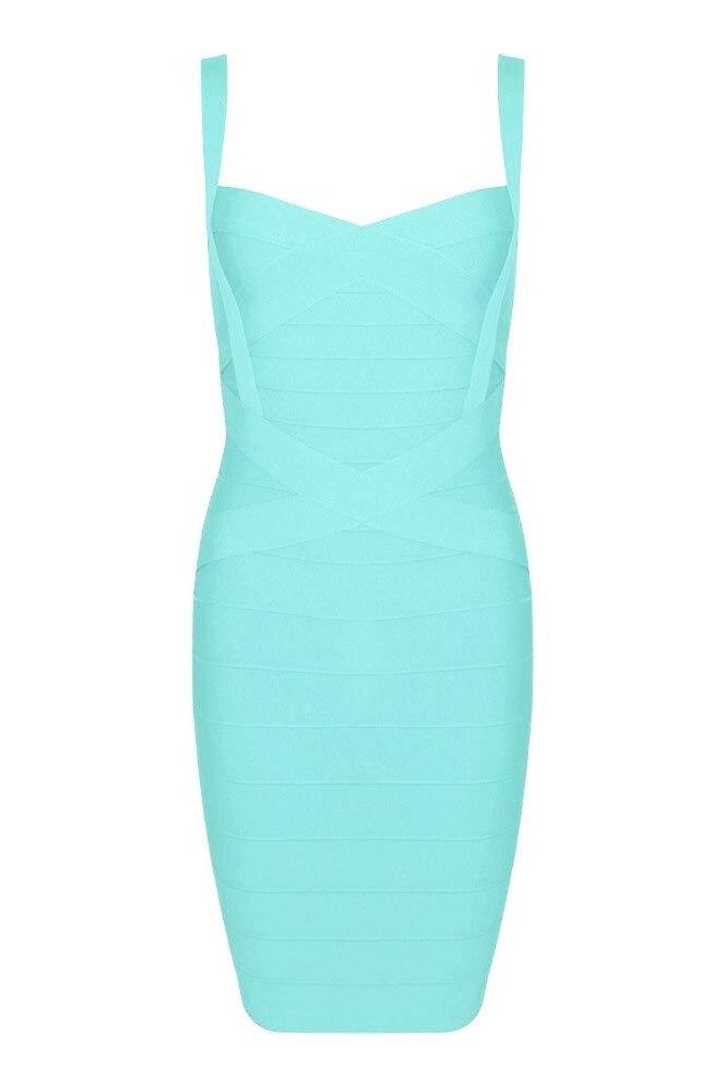 Woman wearing a figure flattering Heidi Bandage Mini Dress - Sky Blue Bodycon Collection