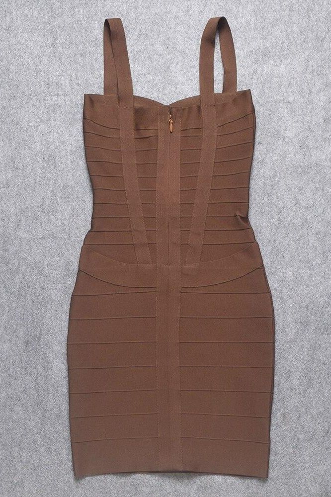 Woman wearing a figure flattering Heidi Bandage Mini Dress - Tan Brown Bodycon Collection