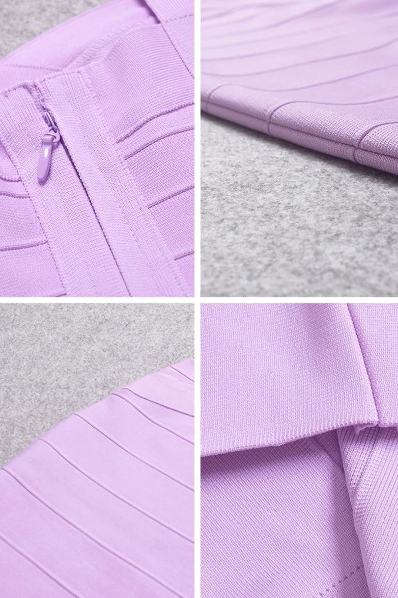Woman wearing a figure flattering Heidi Bandage Mini Dress - Violet Bodycon Collection