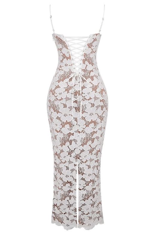 Woman wearing a figure flattering Honor Bodycon Maxi Dress - White Pearl BODYCON COLLECTION