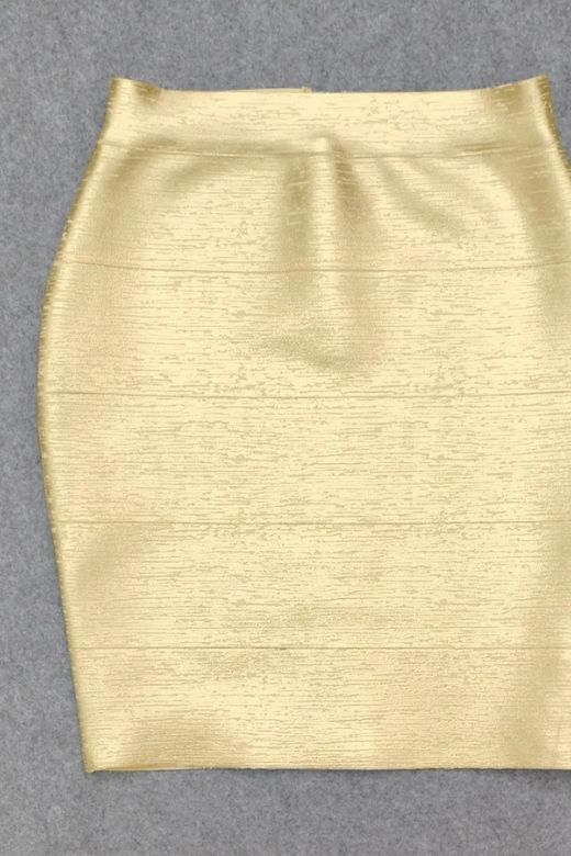 Woman wearing a figure flattering High Waist Bandage Mini Skirt - Metallic Gold BODYCON COLLECTION