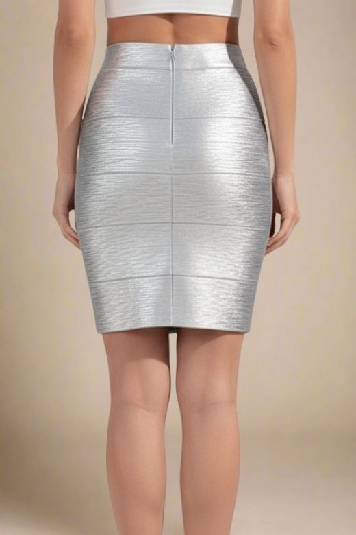 Woman wearing a figure flattering High Waist Bandage Mini Skirt - Metallic Silver BODYCON COLLECTION