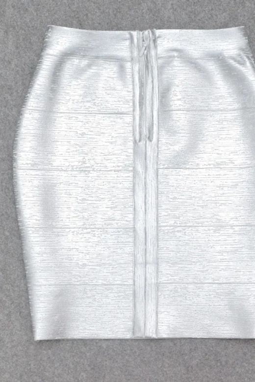 Woman wearing a figure flattering High Waist Bandage Mini Skirt - Metallic Silver BODYCON COLLECTION