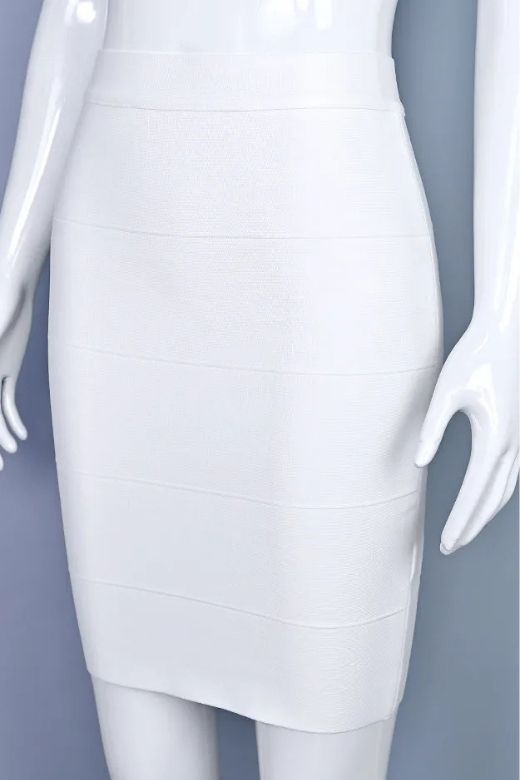 Woman wearing a figure flattering High Waist Bandage Mini Skirt - White Pearl BODYCON COLLECTION