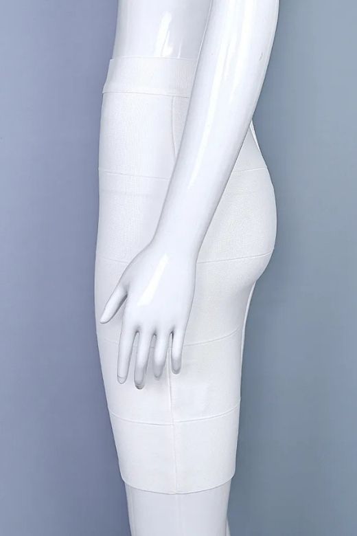 Woman wearing a figure flattering High Waist Bandage Mini Skirt - White Pearl BODYCON COLLECTION