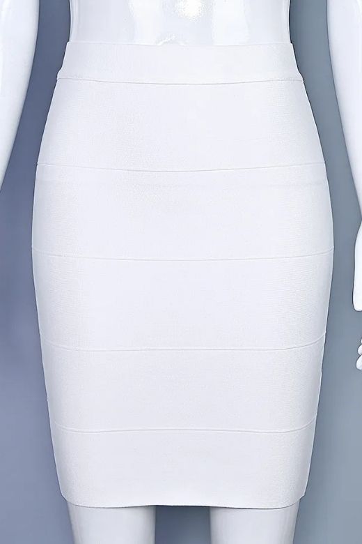 Woman wearing a figure flattering High Waist Bandage Mini Skirt - White Pearl BODYCON COLLECTION
