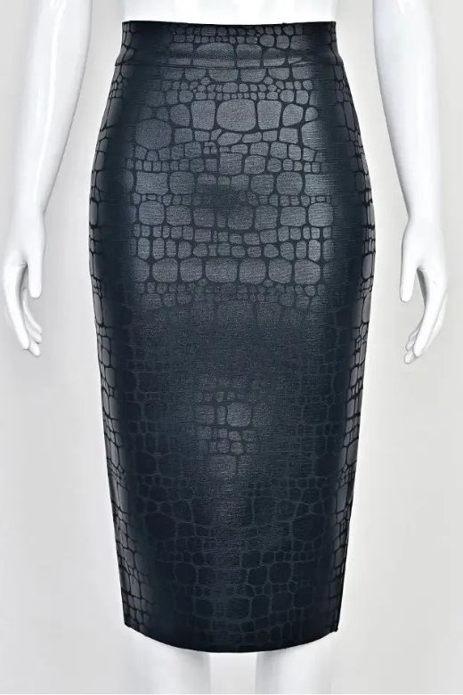 Woman wearing a figure flattering High Waist Leather Pencil Skirt Midi Length - Crocodile Black BODYCON COLLECTION Pty Ltd