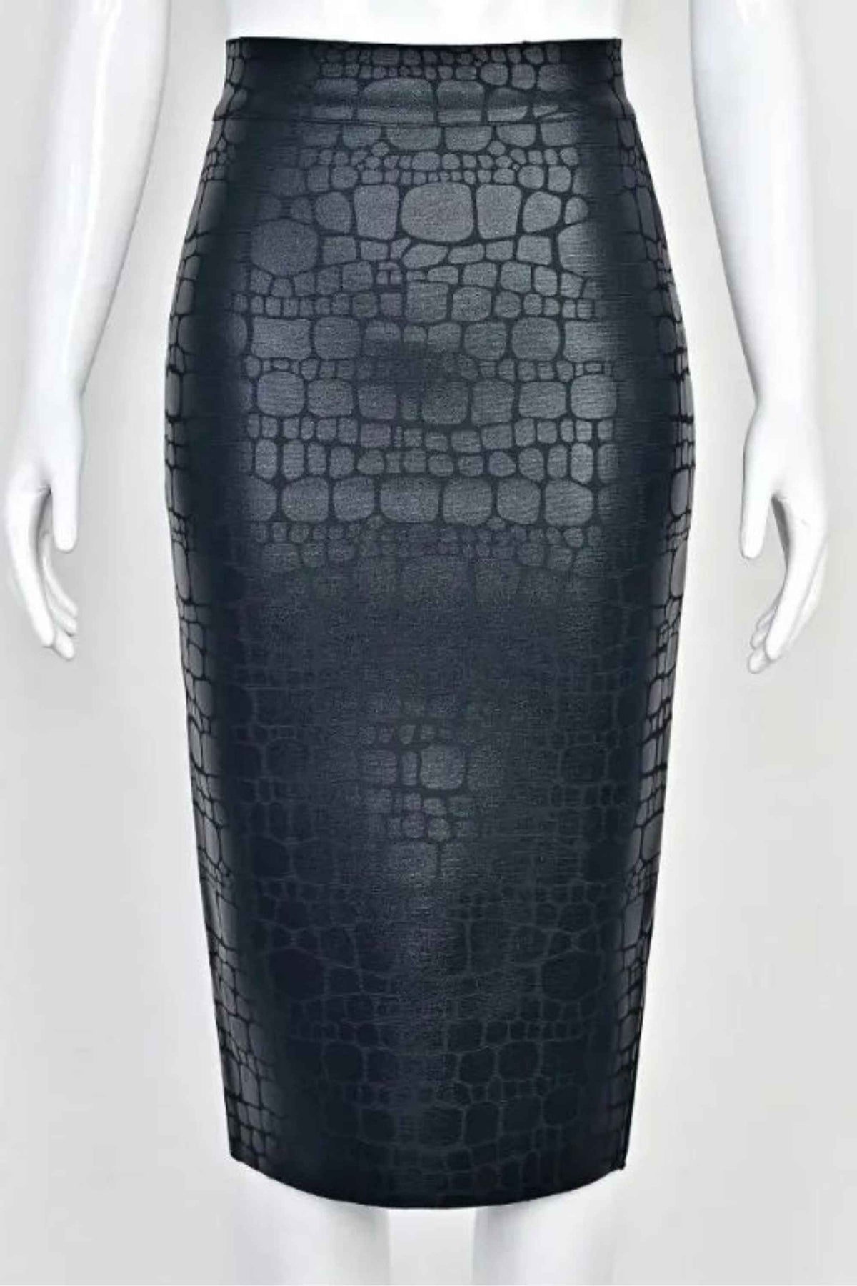 Woman wearing a figure flattering High Waist Leather Pencil Skirt Midi Length - Crocodile Black BODYCON COLLECTION Pty Ltd