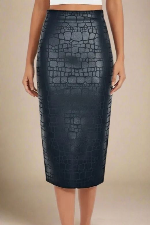 Woman wearing a figure flattering High Waist Leather Pencil Skirt Midi Length - Crocodile Black BODYCON COLLECTION Pty Ltd