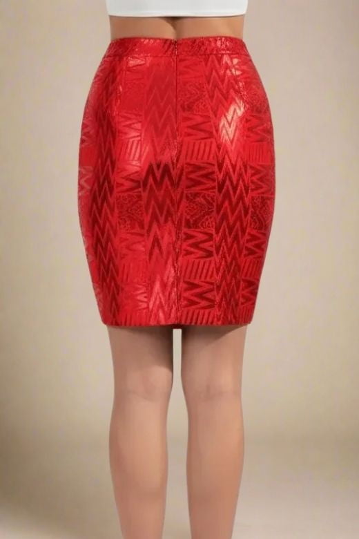 Woman wearing a figure flattering High Waist Metallic Leather Mini Skirt - Lipstick Red BODYCON COLLECTION