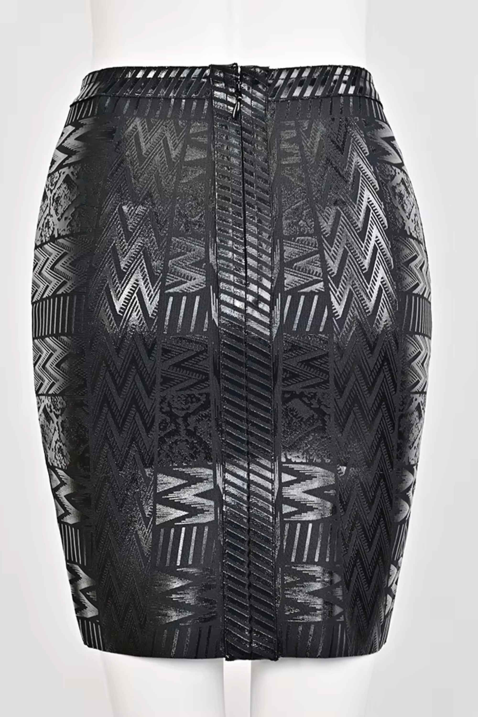 Woman wearing a figure flattering High Waist Metallic Mini Skirt - Classic Black BODYCON COLLECTION