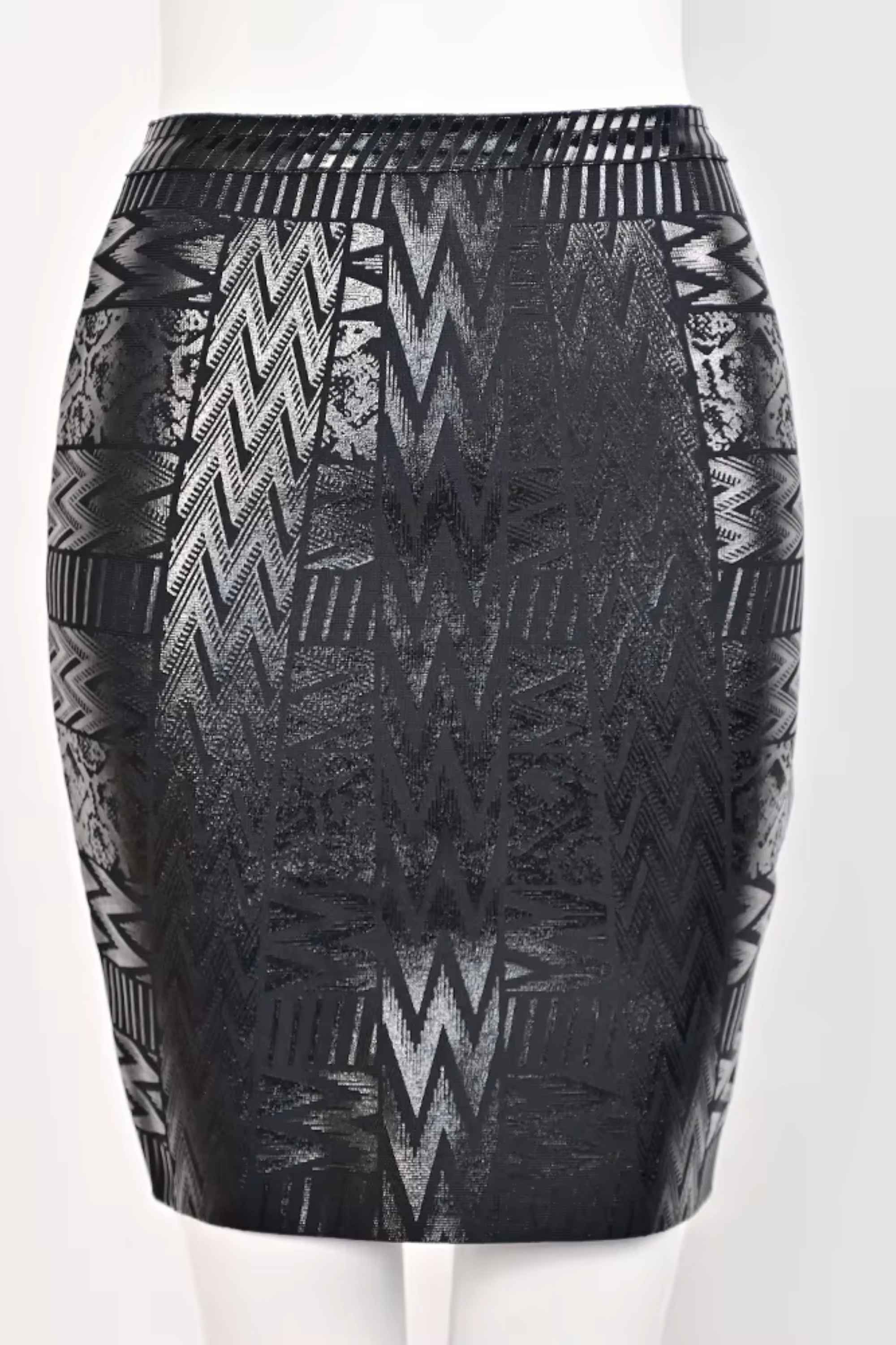 Woman wearing a figure flattering High Waist Metallic Mini Skirt - Classic Black BODYCON COLLECTION