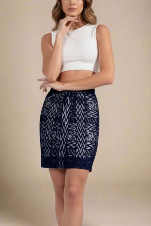 Woman wearing a figure flattering High Waist Metallic Mini Skirt - Classic Black BODYCON COLLECTION