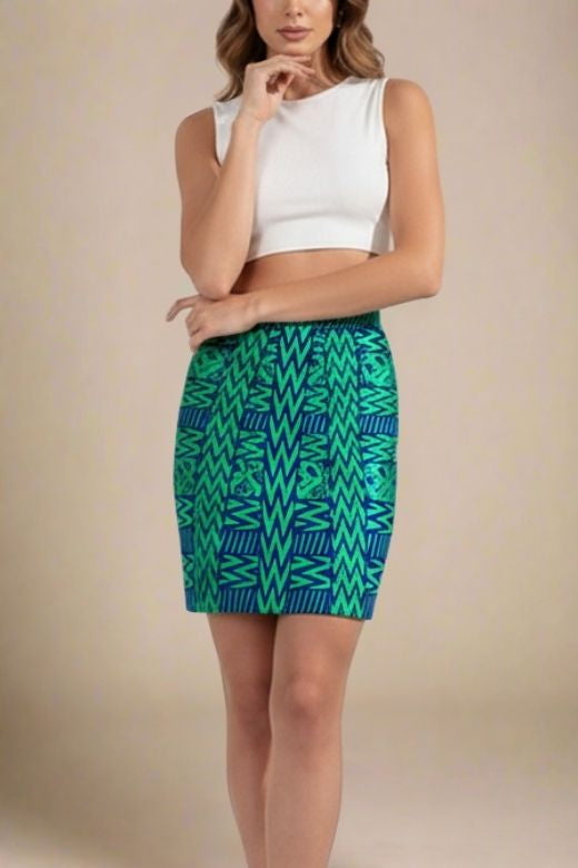 Woman wearing a figure flattering High Waist Metallic Mini Skirt - Emerald Green BODYCON COLLECTION