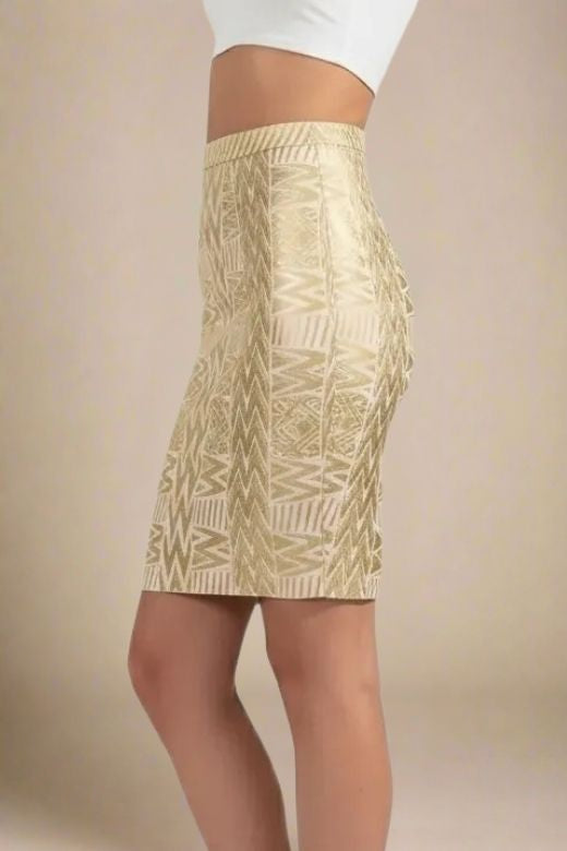 Woman wearing a figure flattering High Waist Metallic Mini Skirt - Gold BODYCON COLLECTION