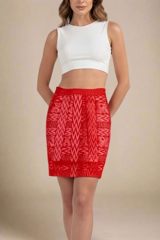 Woman wearing a figure flattering High Waist Metallic Mini Skirt - Lipstick Red BODYCON COLLECTION