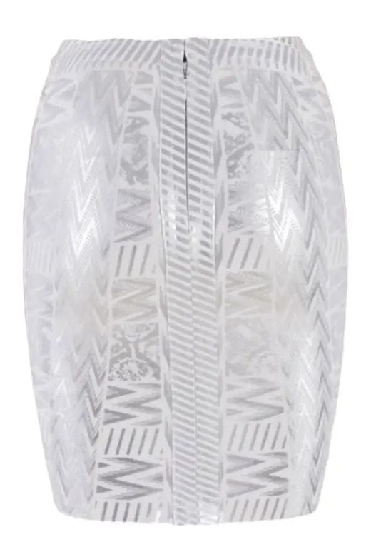 Woman wearing a figure flattering High Waist Metallic Mini Skirt - Silver BODYCON COLLECTION