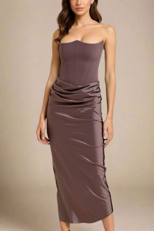 Woman wearing a figure flattering Hope Bodycon Wrap Maxi Dress - Coffee Brown BODYCON COLLECTION