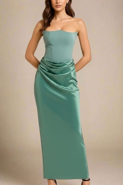 Woman wearing a figure flattering Hope Bodycon Wrap Maxi Dress - Teal Green BODYCON COLLECTION