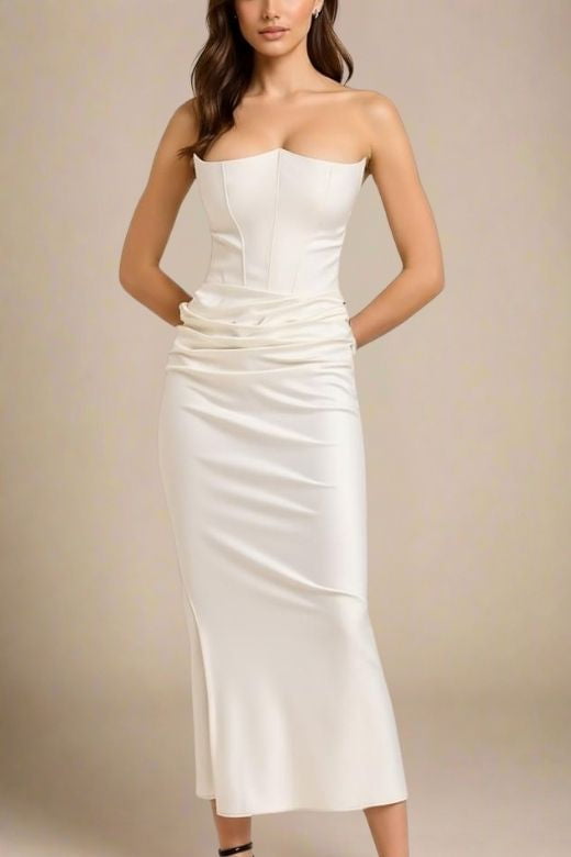 Woman wearing a figure flattering Hope Bodycon Wrap Maxi Dress - White Pearl BODYCON COLLECTION
