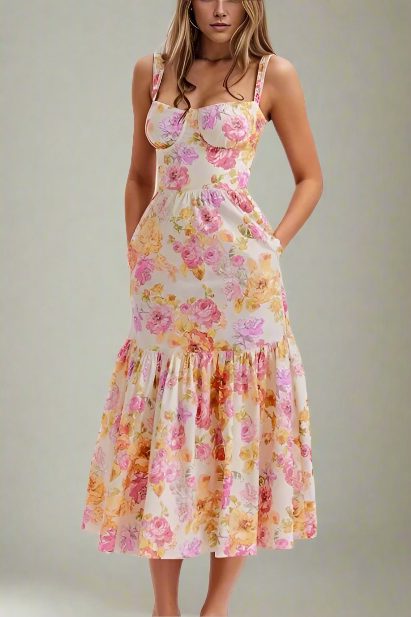 Woman wearing a figure flattering Imogen Bodycon Day Midi Dress - Dusty Pink BODYCON COLLECTION