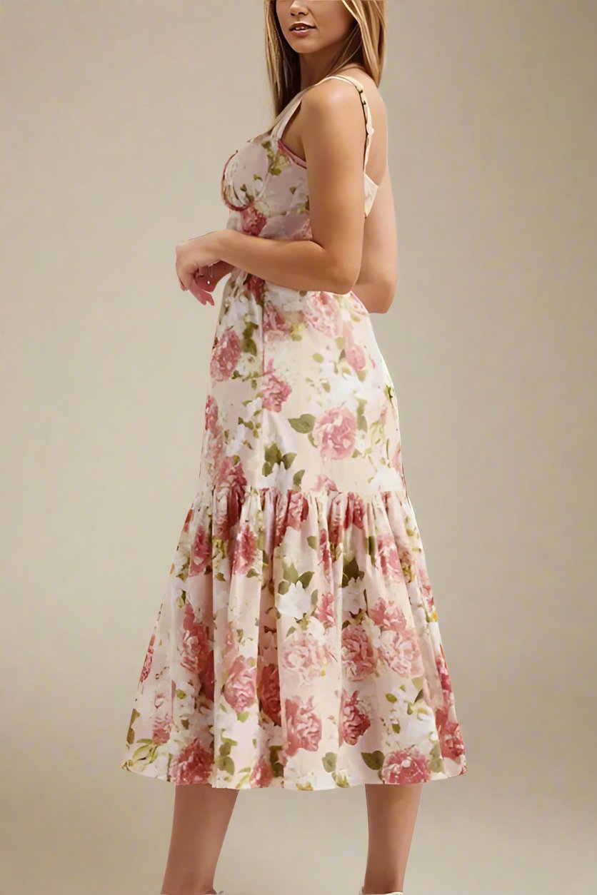 Woman wearing a figure flattering Imogen Bodycon Day Midi Dress - Peach BODYCON COLLECTION