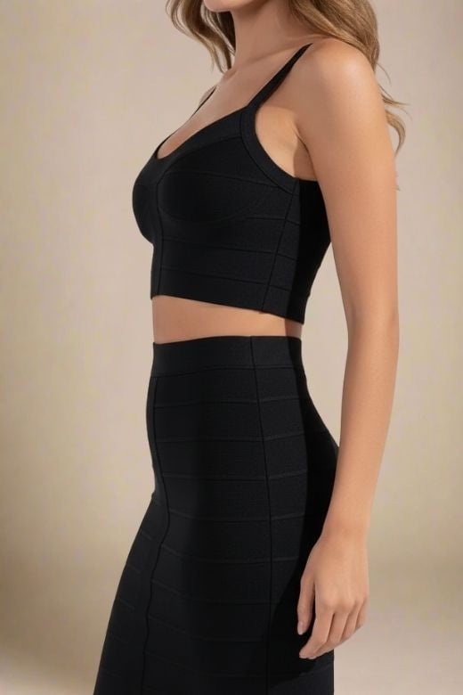 Woman wearing a figure flattering India Bandage Top and Mini Skirt Outfit Set - Classic Black BODYCON COLLECTION