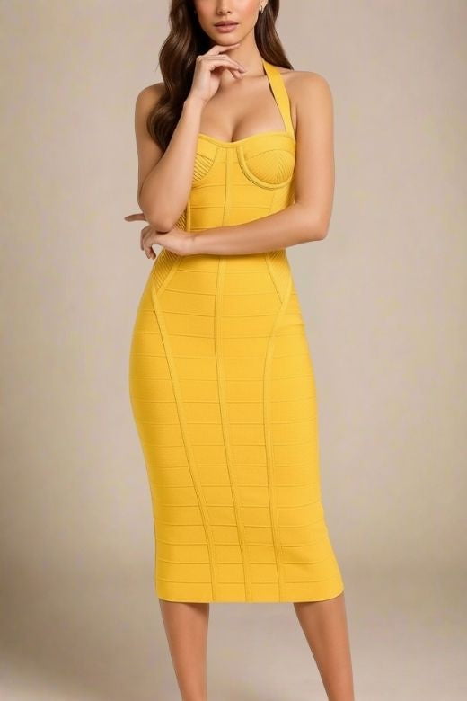 midi yellow bodycon dress Bodycon Midi Dress Light Yellow Bodycon Dress Asymmetric Ruched Midi Dress  In Pastel Yellow