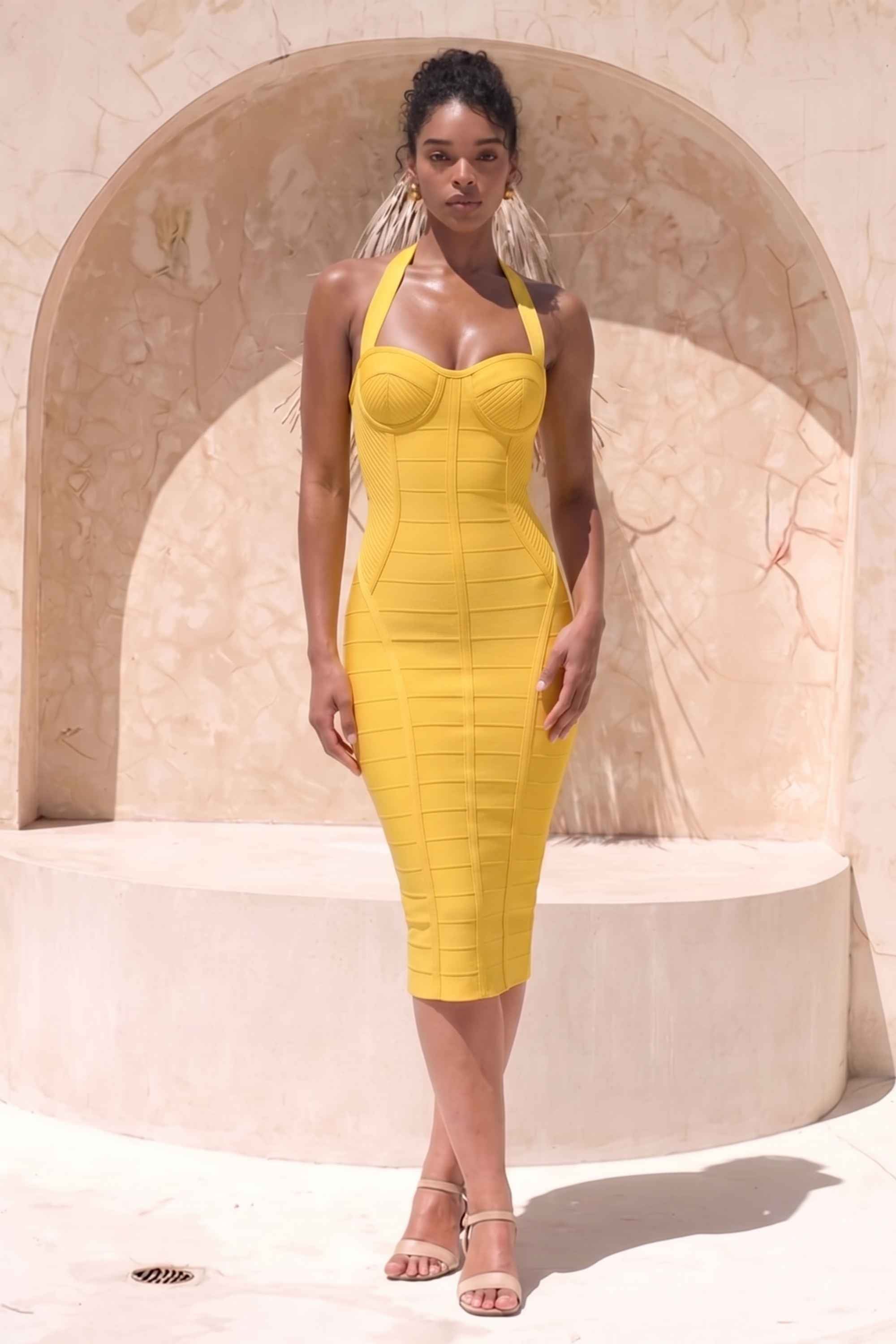 Woman wearing a figure flattering Isabella Bandage Midi Dress - Mustard Yellow BODYCON COLLECTION Pty Ltd
