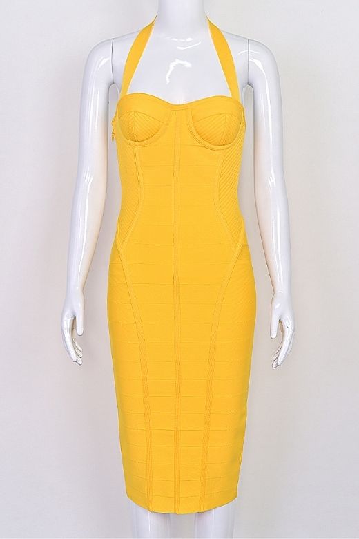 Woman wearing a figure flattering Isabella Bandage Midi Dress - Mustard Yellow BODYCON COLLECTION Pty Ltd
