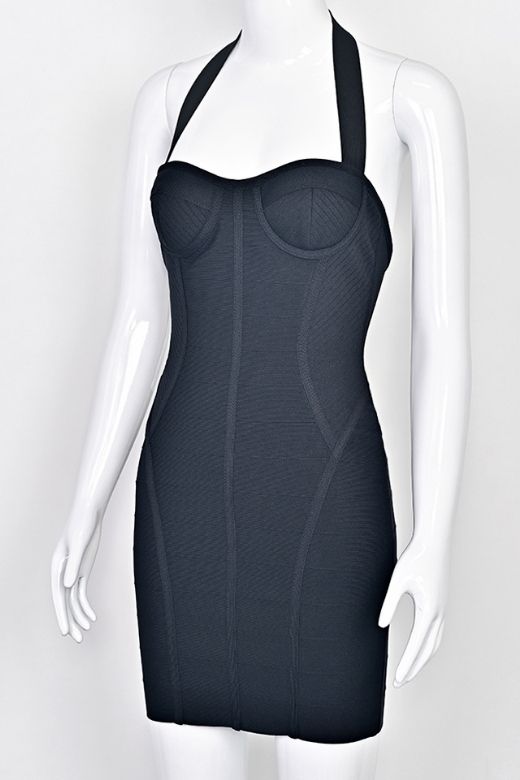 Woman wearing a figure flattering Isabella Bandage Mini Dress - Classic Black BODYCON COLLECTION Pty Ltd