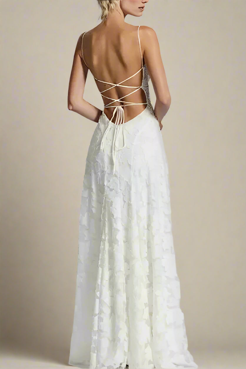 Woman wearing a figure flattering Ivy Bodycon Maxi Dress - White Pearl BODYCON COLLECTION