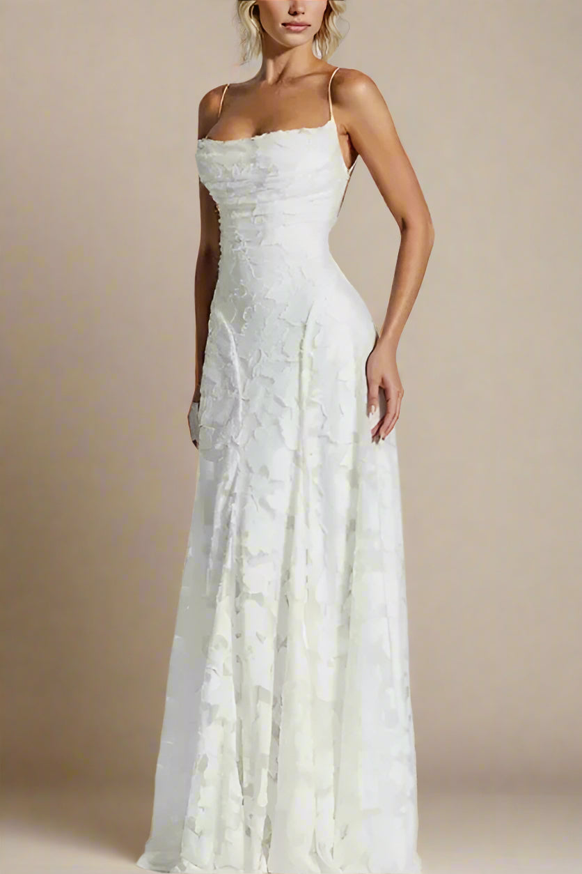 Woman wearing a figure flattering Ivy Bodycon Maxi Dress - White Pearl BODYCON COLLECTION