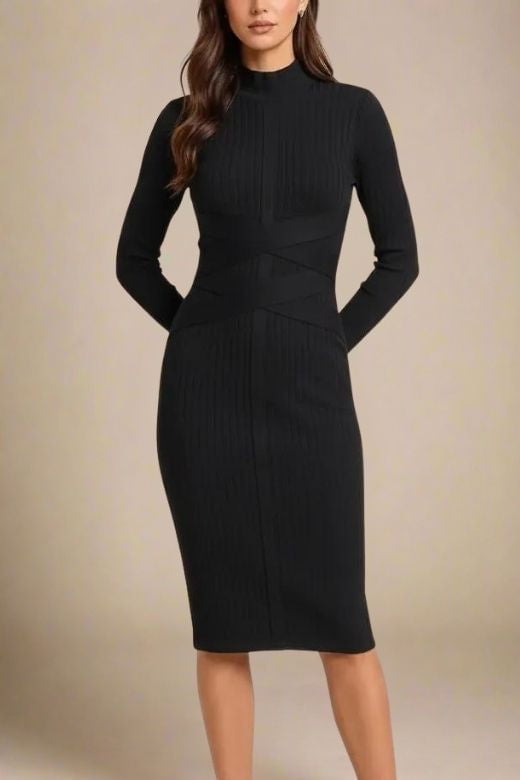 Woman wearing a figure flattering Jane Long Sleeve Bodycon Midi Dress - Classic Black Bodycon Collection
