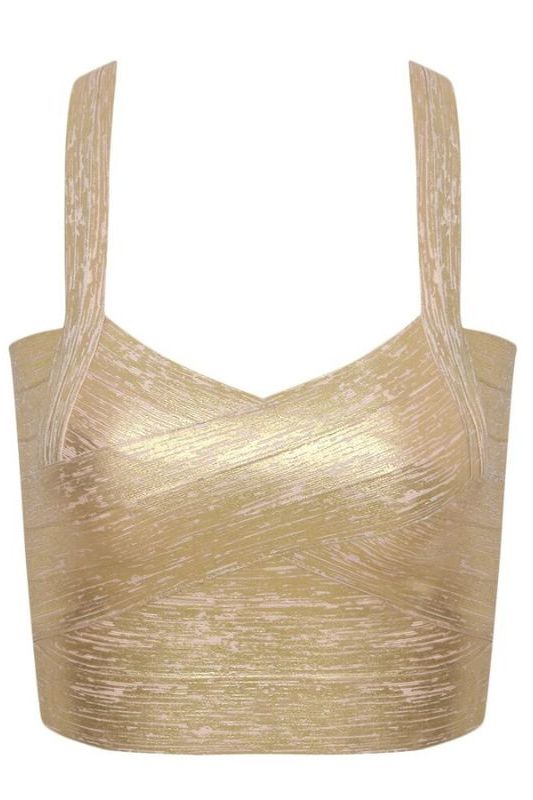 Woman wearing a figure flattering Jay Bandage Crop Top - Gold BODYCON COLLECTION