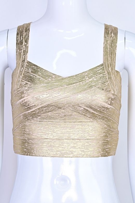 Woman wearing a figure flattering Jay Bandage Crop Top - Gold BODYCON COLLECTION