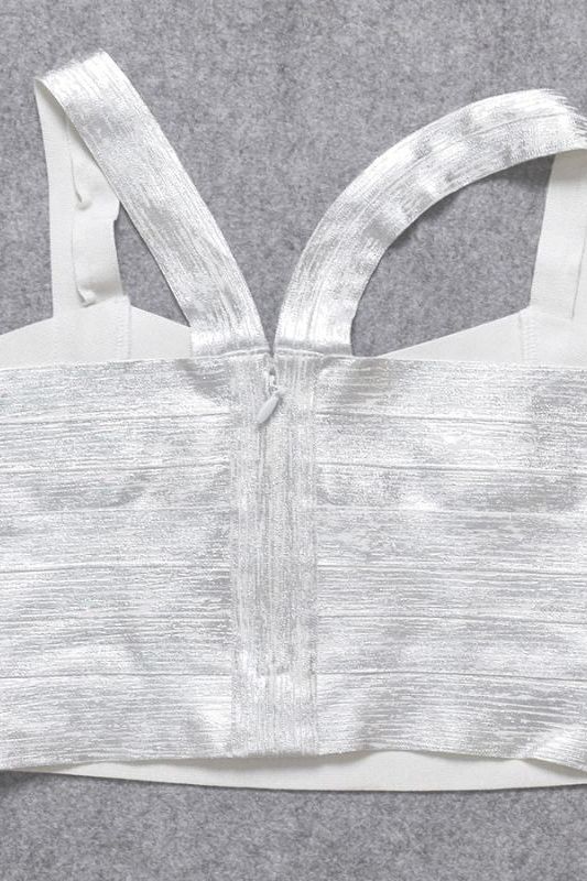 Woman wearing a figure flattering  Jay Bandage Crop Top - Silver BODYCON COLLECTION