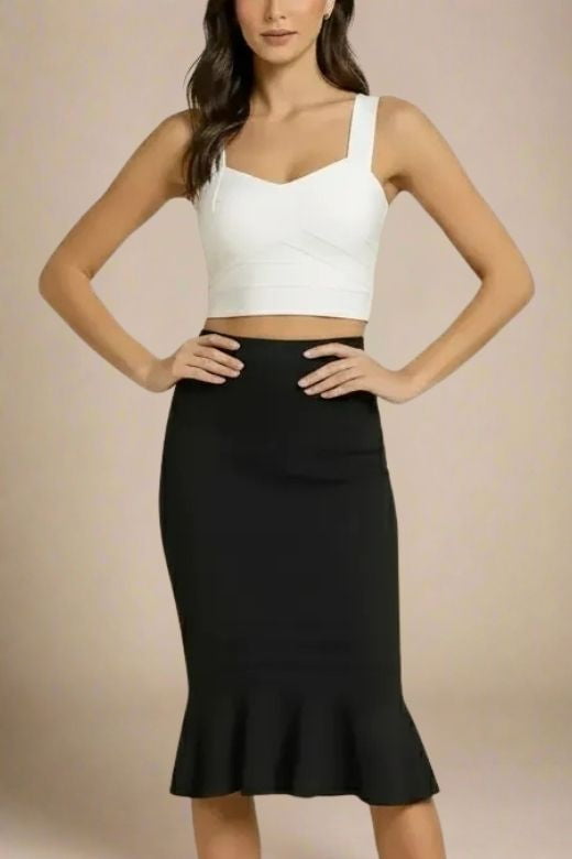 Woman wearing a figure flattering Jay Bandage Crop Top - White Pearl BODYCON COLLECTION