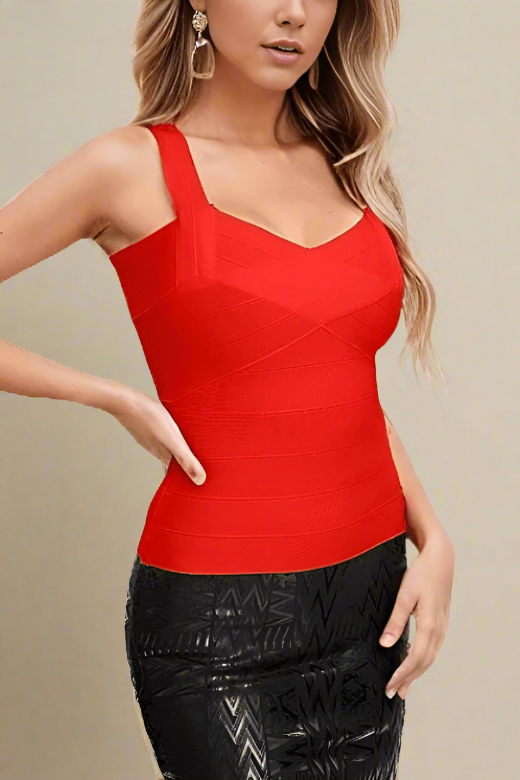 Woman wearing a figure flattering Jay Bandage Top - Lipstick Red BODYCON COLLECTION