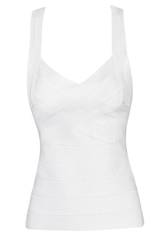 Woman wearing a figure flattering Jay Bandage Top - Pearl White BODYCON COLLECTION