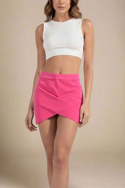 Woman wearing a figure flattering Jay High Waist Bandage Mini Skirt - Hot Pink BODYCON COLLECTION