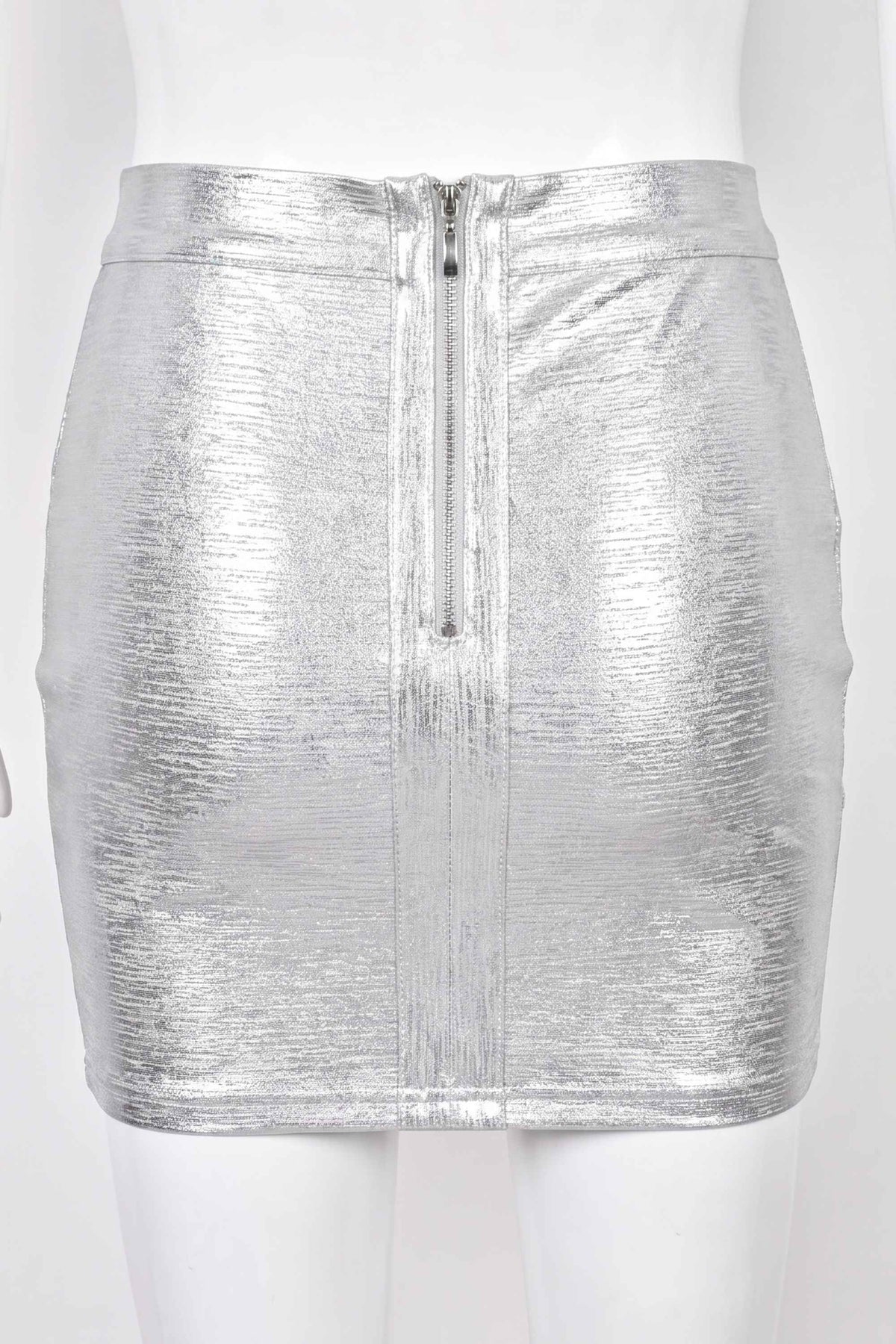 Woman wearing a figure flattering Jay High Waist Bandage Mini Skirt - Silver BODYCON COLLECTION