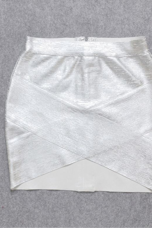 Woman wearing a figure flattering Jay High Waist Bandage Mini Skirt - Silver BODYCON COLLECTION