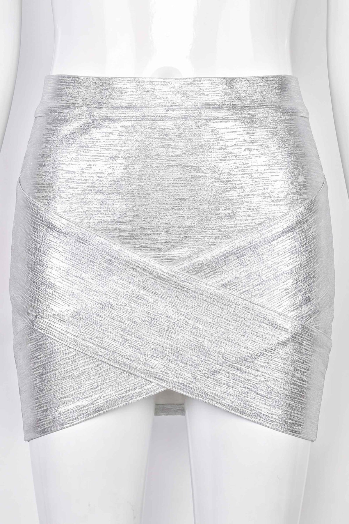 Woman wearing a figure flattering Jay High Waist Bandage Mini Skirt - Silver BODYCON COLLECTION