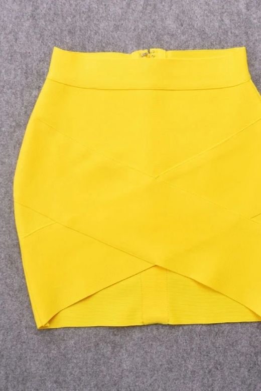 Woman wearing a figure flattering Jay High Waist Bandage Mini Skirt - Sun Yellow BODYCON COLLECTION