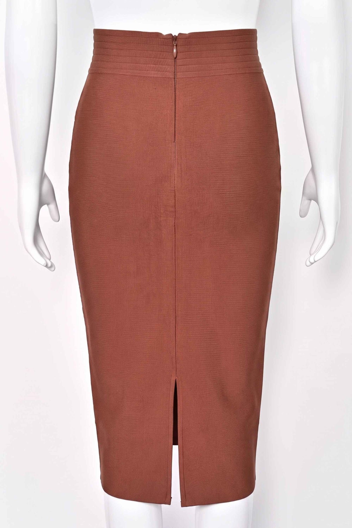 Woman wearing a figure flattering Jessie Midi Pencil Skirt - Tan Brown BODYCON COLLECTION Pty Ltd