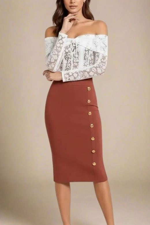 Woman wearing a figure flattering Jessie Midi Pencil Skirt - Tan Brown BODYCON COLLECTION Pty Ltd